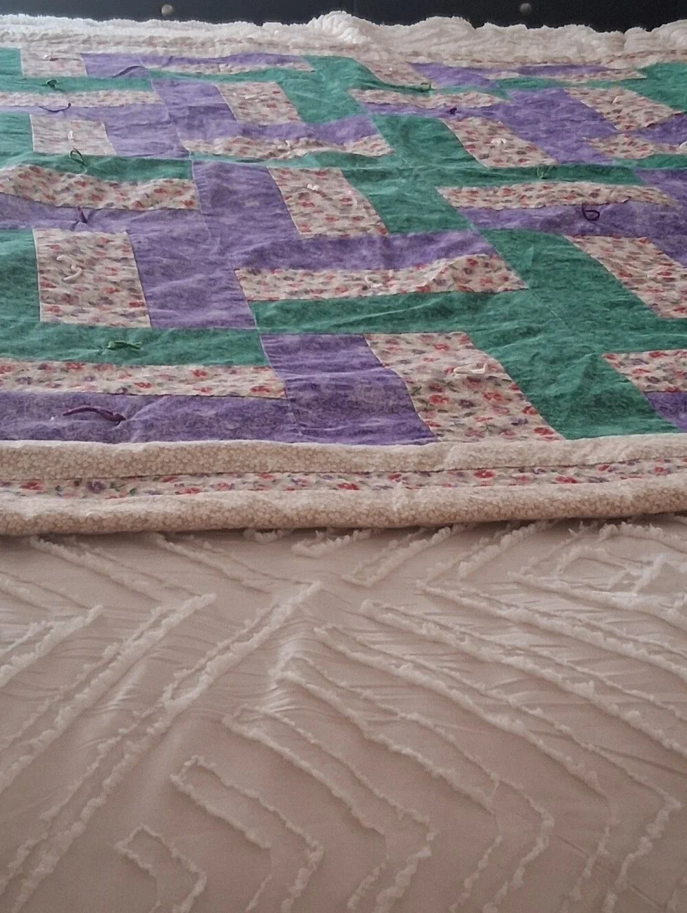 Tender Loving Care Quilted Bedspread in Purple, Green, and Cream - Mel McGlothin